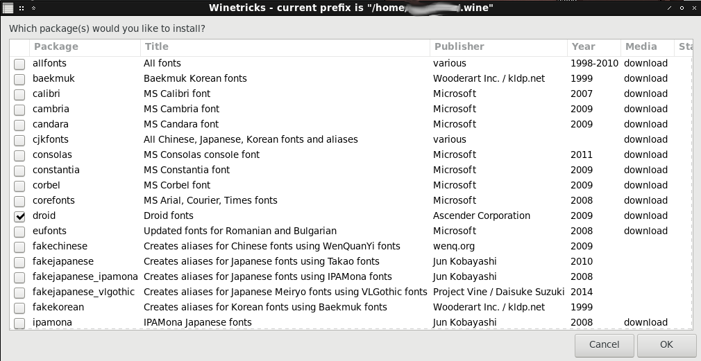 Winetricks - Install Droid Fonts